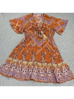 G + M Orange Brown Paisley Print Ruffle Hem Mini Dress Size L